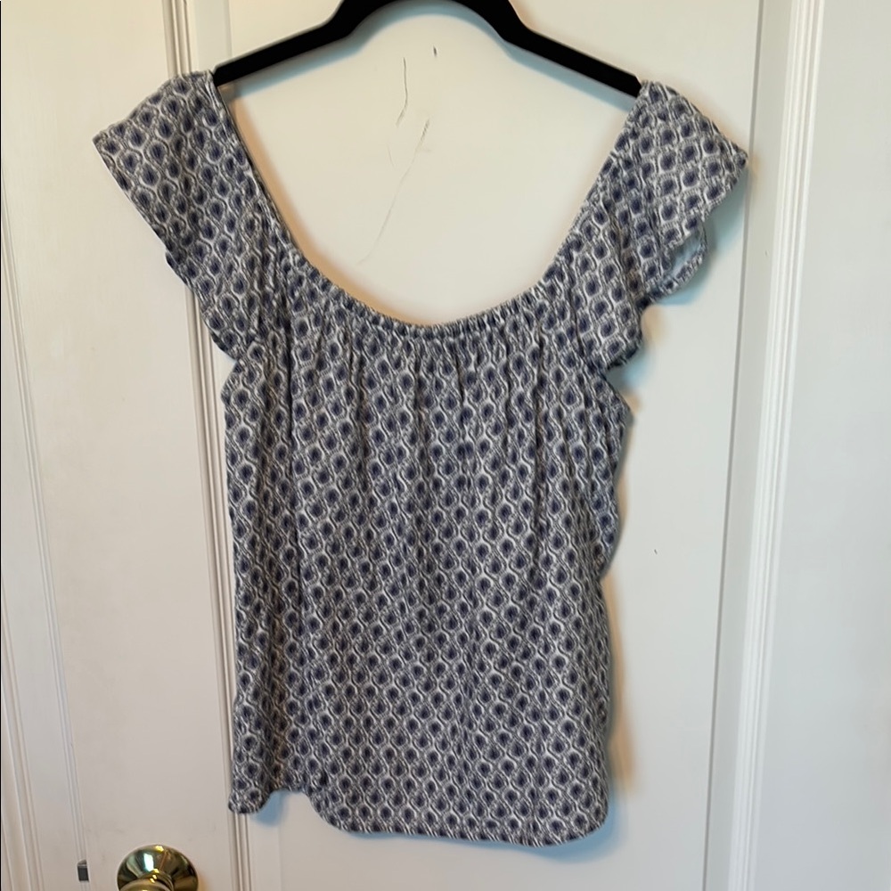 Ann Taylor Blue and White Flutter Sleeve Smocked Blouse